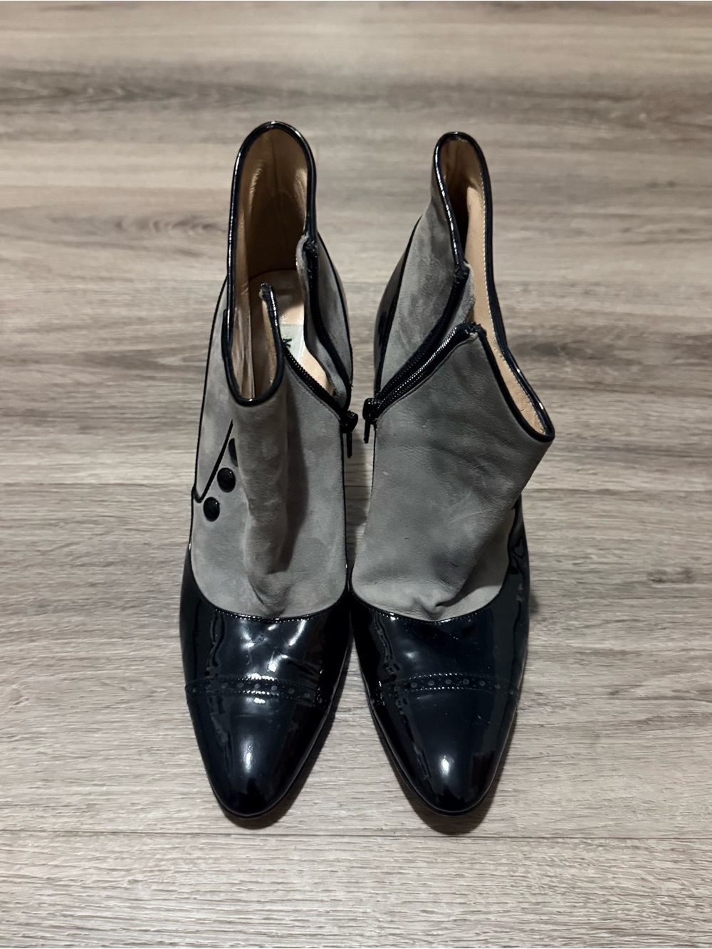 Manolo Blahnik Black Patent and Gray Suede Ankle Booties
